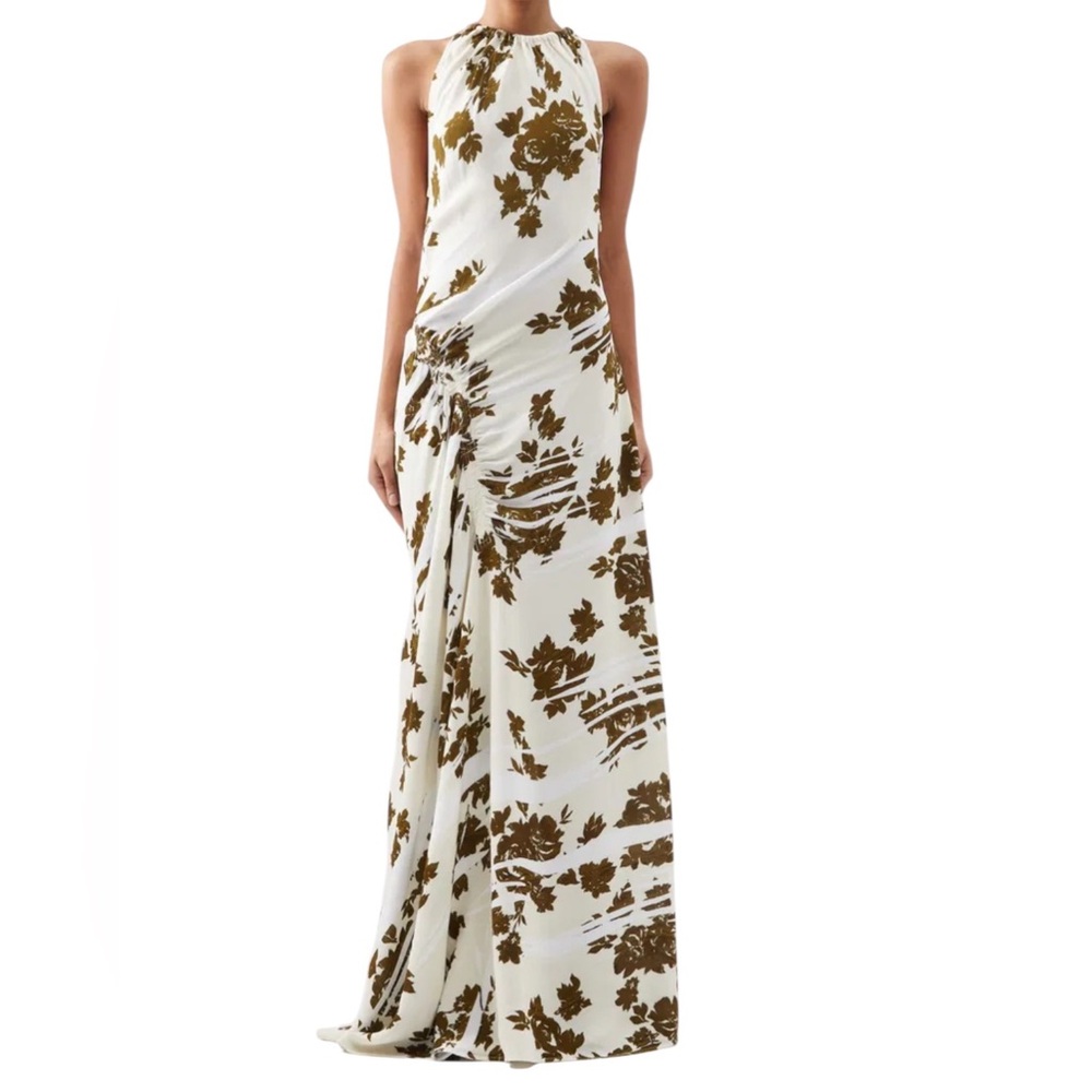 PROENZA SCHOULER Halterneck Gathered Floral Print Maxi Asymmetrical Hem Size 4